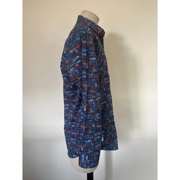 A FISH NAMED FRED Shirt Mens Large Blue Musical Print Long Sleeve Flip Cuff - Picture 4 of 10